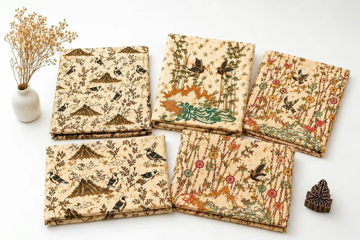 Five folded batik fabrics with nature motifs