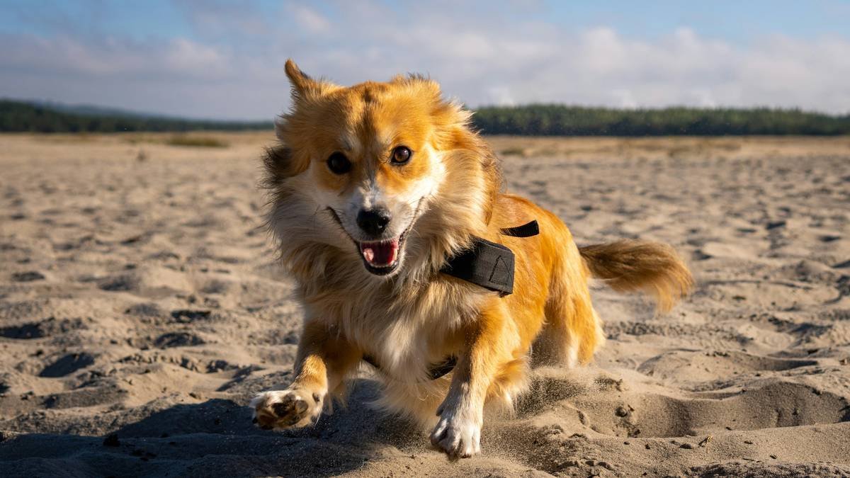 a dog running across a sandy beach