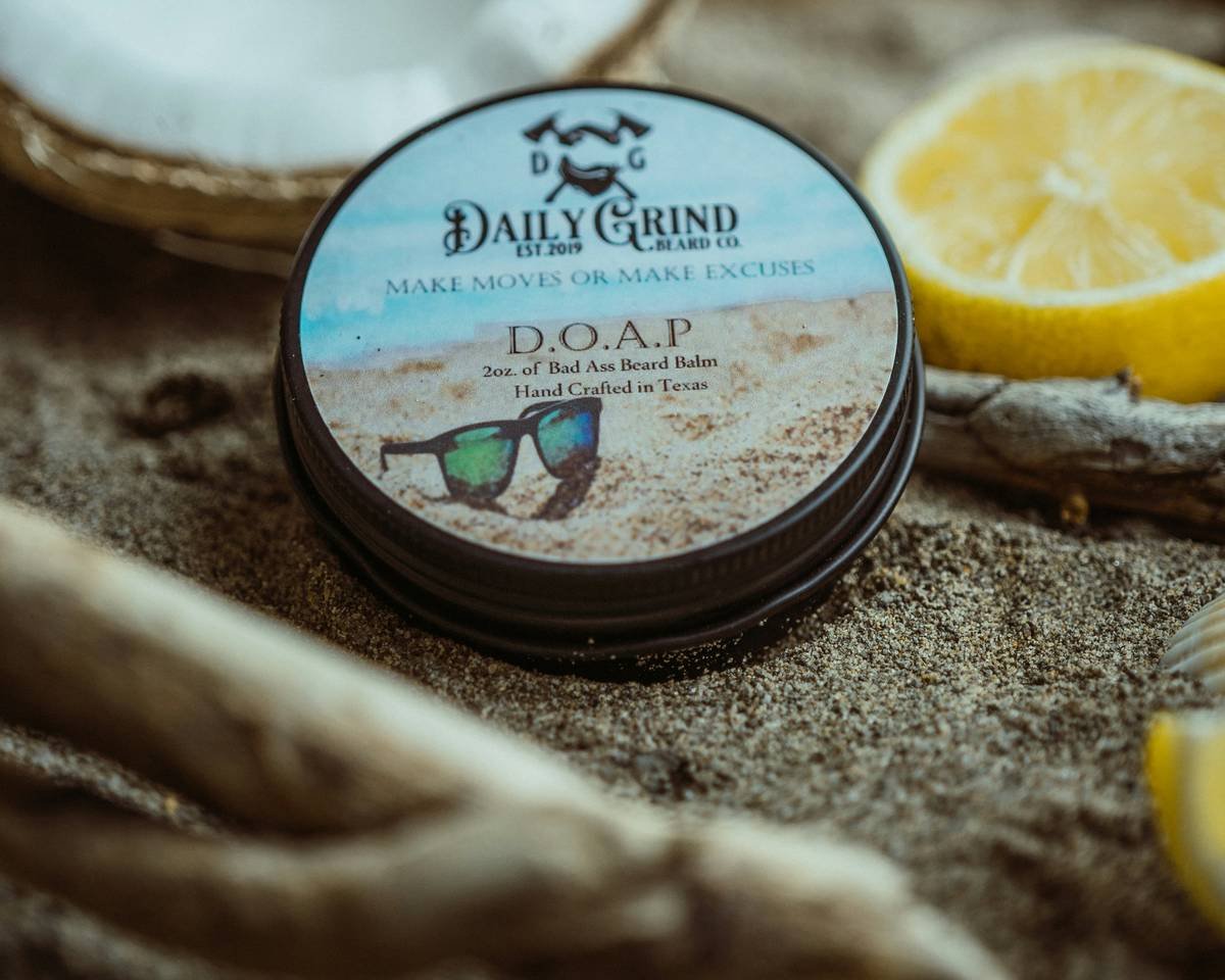 Product photo of Doap Beard Balm by Daily Grind Beard Co. Product Photography by Lance Reis. I shot these at the beach in Goa, India because the notes of fresh coconut and zesty lemon remind me of the coast.